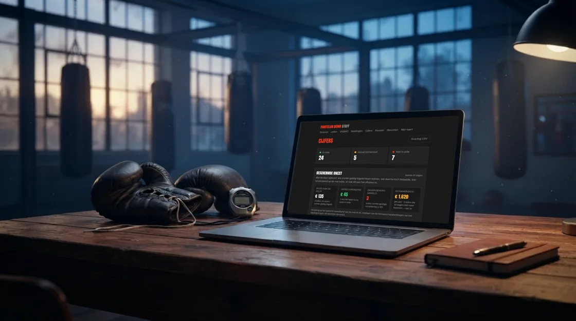 Laptop op een houten tafel in een boksschool bij valavond, met bokshandschoenen en een chronometer ernaast; op het scherm de Cijfers-pagina van Fightclub Demo met bovenaan het blok Beschermde omzet
