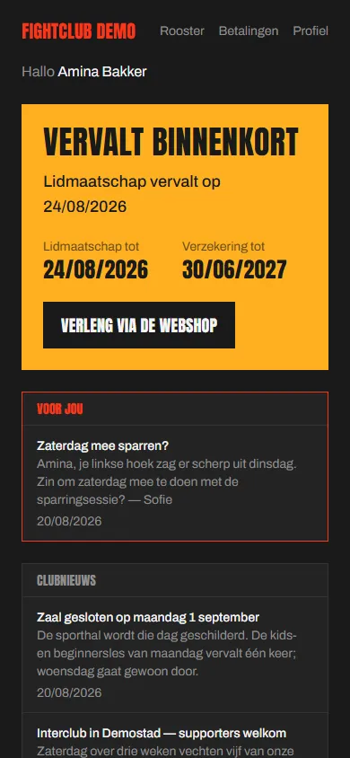 Ledenkaart die meldt dat het lidmaatschap binnenkort vervalt, met een knop om via de webshop te verlengen, daaronder een persoonlijk bericht van de coach en het clubnieuws