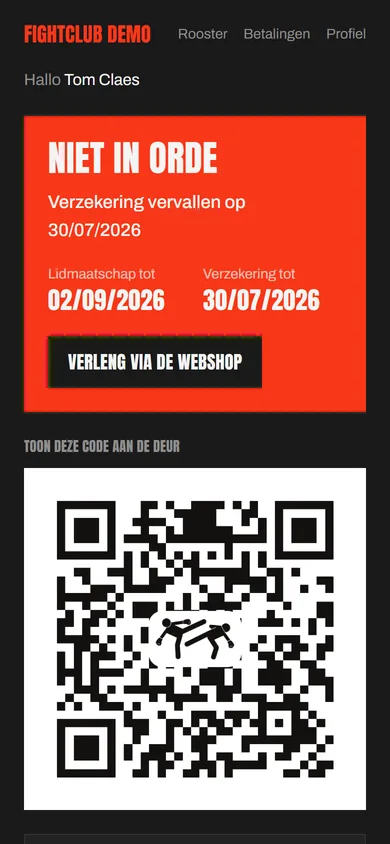Rode ledenkaart 'Niet in orde' met reden: verzekering verlopen, en knop Verleng via de webshop