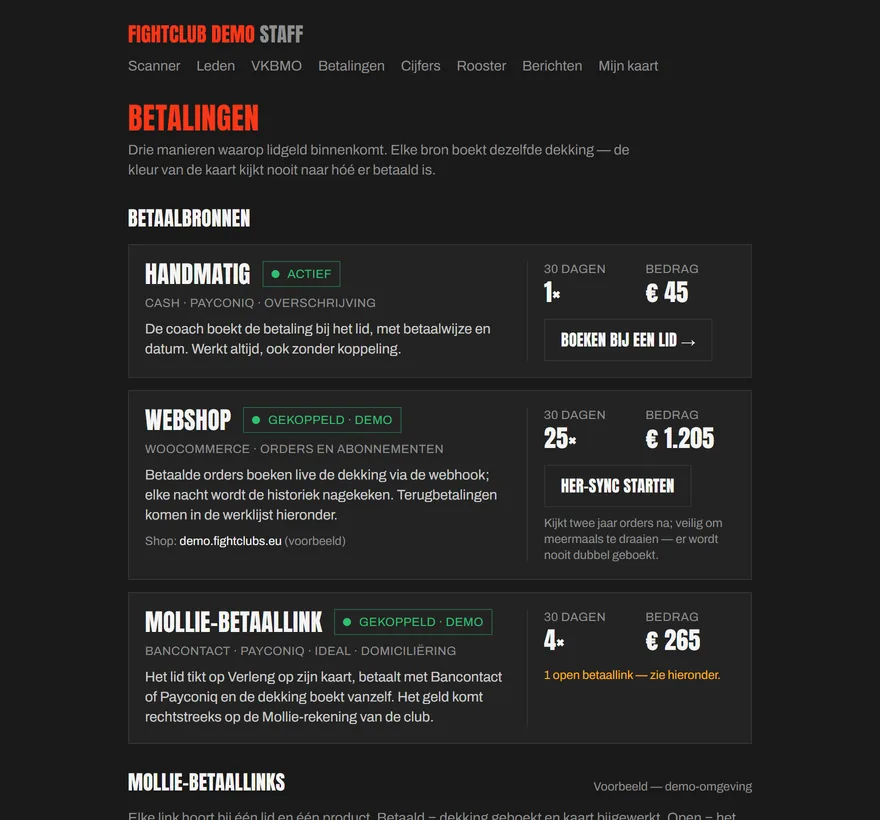 Pagina Betalingen met de drie betaalbronnen en hun status, en de werklijst met terugbetalingen